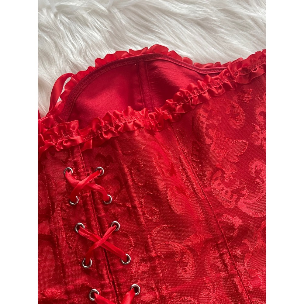 Women Red Victoria Style Satin Bustier Corset Floral Brocade Ruffled Trim 4XL - Picture 6 of 12